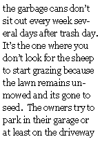 Text Box: the garbage cans dont sit out every week several days after trash day.  Its the one where you dont look for the sheep to start grazing because the lawn remains unmowed and its gone to seed.  The owners try to park in their garage or at least on the driveway 